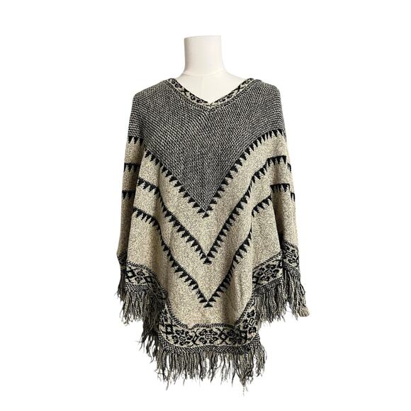 Alya Jackets & Blazers - Alya Poncho Womens Small Beige Knit Fringe Tribal Boho Southwestern Kimono